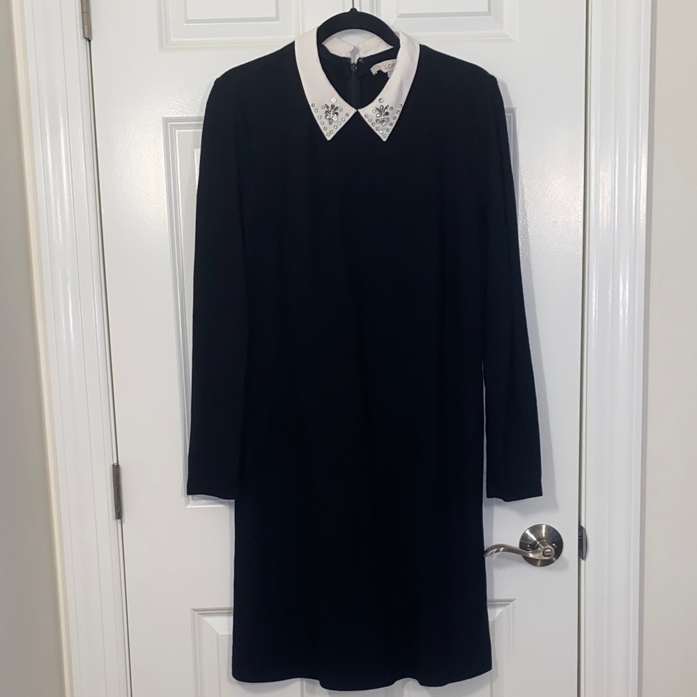 Loft Black Dress with Embellished Collar size 14